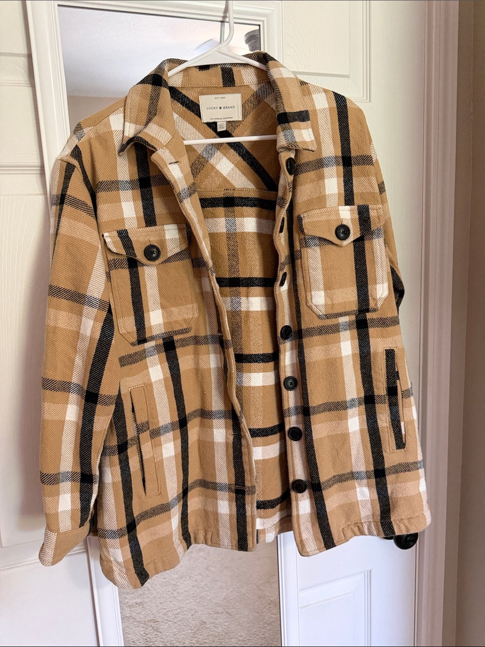 Lucky Brand Camel Plaid Button-Up Shacket